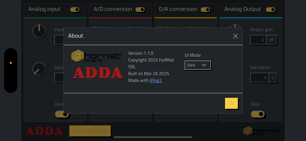 HoRNetADDA - HoRNetADDA about window with version information and UI mode selector