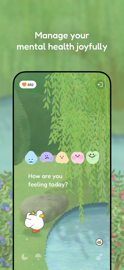 Quabble: Daily Mental Health - Quabble app mood tracker featuring a white duck in a cozy garden setting with colorful mood icons.