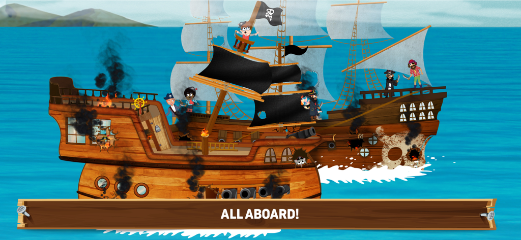 How did Pirates Live? - Zwei animierte Piratenschiffe, die sich in einer Seeschlacht mit Rauch- und Feuereffekten befinden