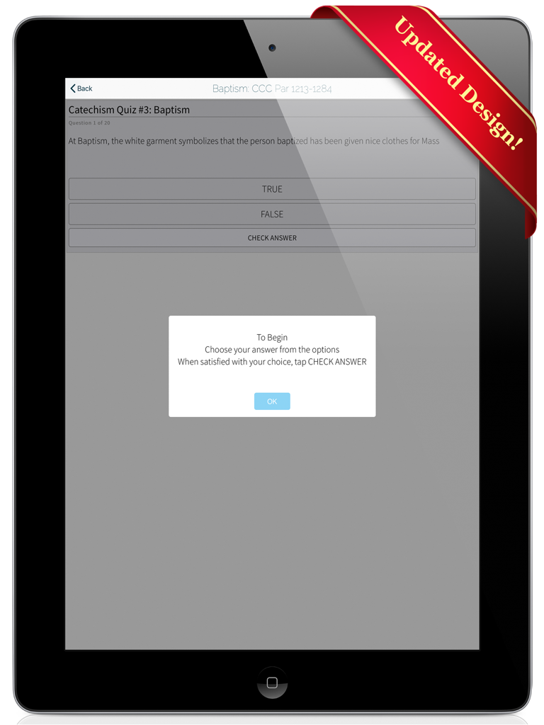 CCCSeries1HD - A quiz screen from the CCCSeries1HD app showing a question about Baptism