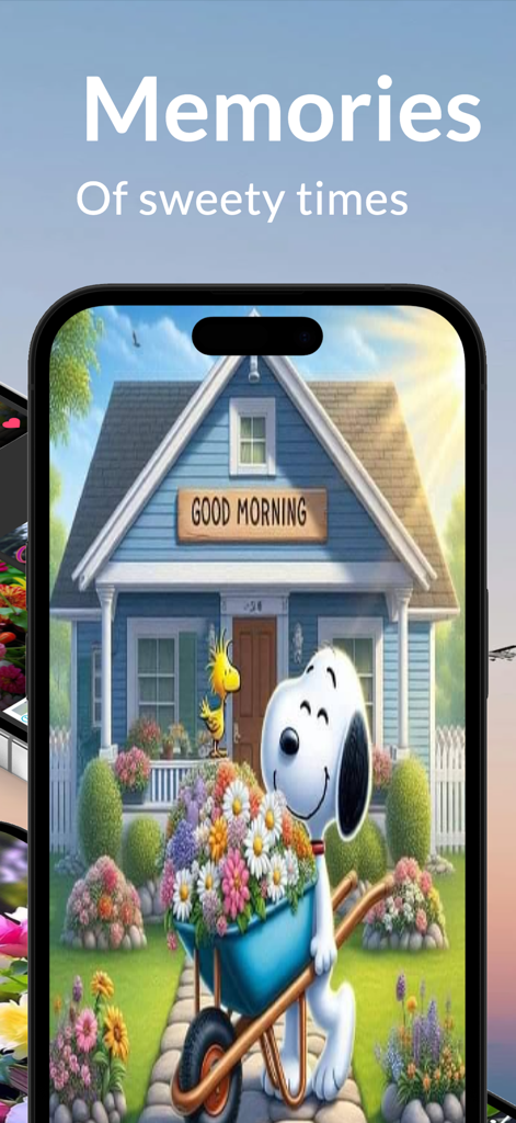 Good Morning Flowers - Snoopy pushing a wheelbarrow of colorful flowers in front of a house with a Good Morning sign