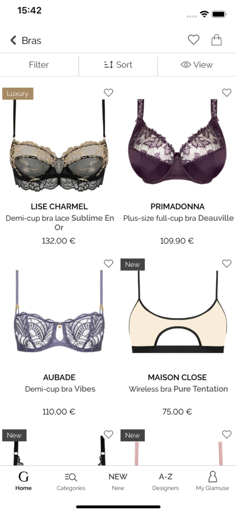 Glamuse – Lingerie - Catalog of luxury bras in the Glamuse app featuring French brands like Lise Charmel and Aubade