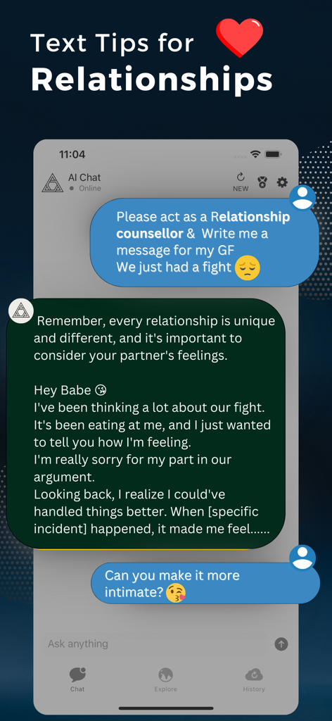 AI Chatbot: SmartAI Assistant - Smartphone screen displaying an AI assistant acting as a relationship counselor to help write a personal message.