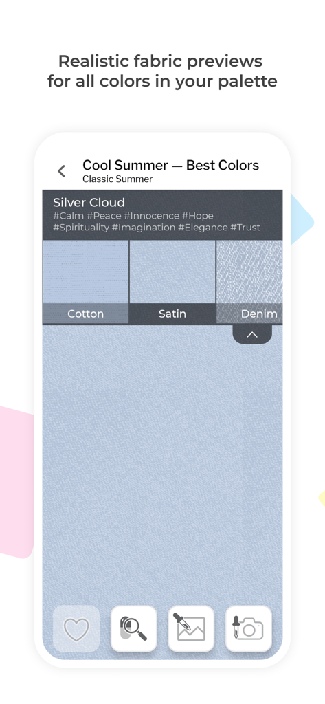 Mobile app interface showing realistic fabric previews of colors in different textures like cotton and satin