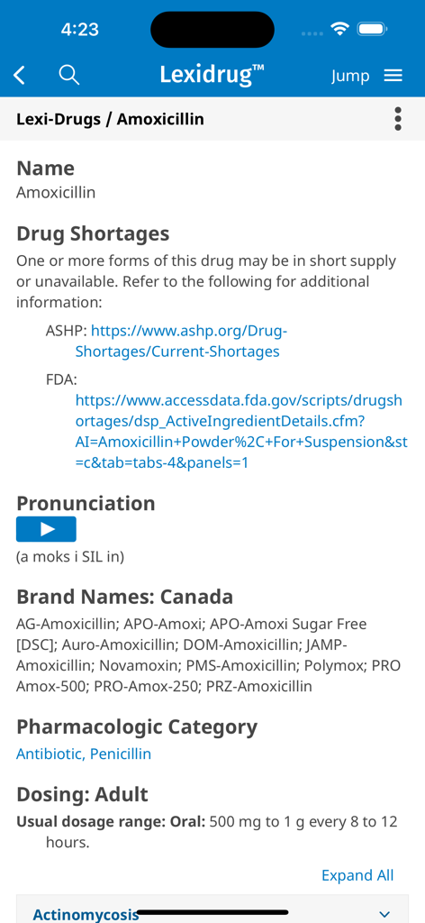 A drug monograph for Amoxicillin in the UpToDate Lexidrug app featuring clinical details such as dosing and pronunciation.