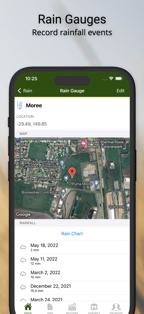 FarmSimple - FarmSimple app interface showing rain gauge location on a map and historical rainfall records