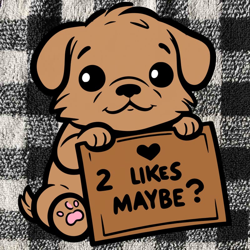 a puppy holding a sign that says 2 likes maybe?
