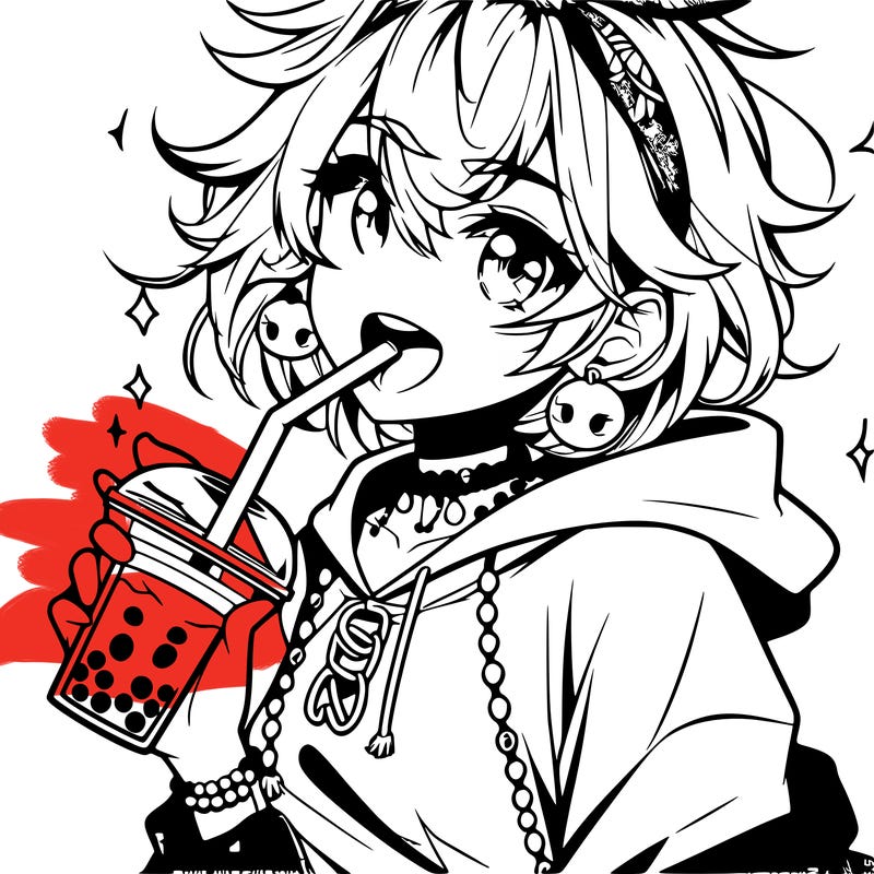 hot baddie anime girl drinking boba and biting the straw