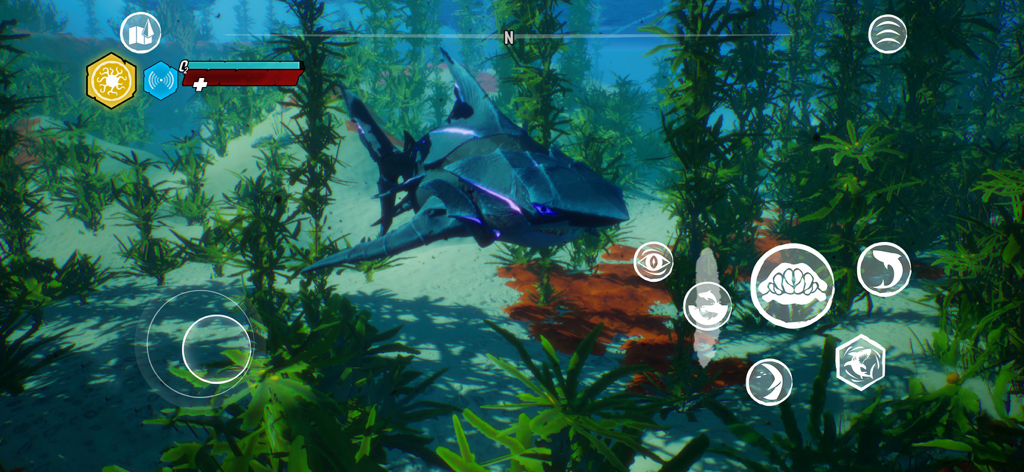 An evolved armored shark swimming through an underwater kelp forest in the Maneater mobile game
