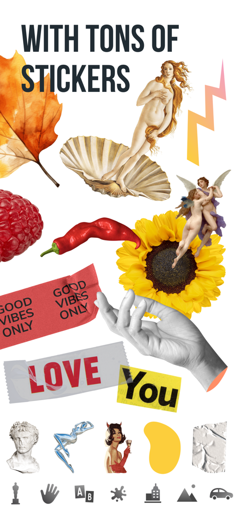 A variety of artistic stickers including vintage paintings, botanical elements, and creative text for digital collage making