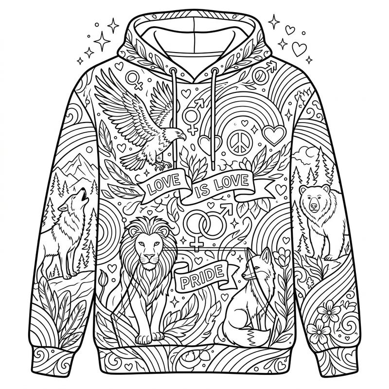 Embrace diversity and the beauty of nature with this intricate coloring page featuring a Pride-themed hoodie adorned with majestic wild animals. Perfect for celebrating love and creativity during Pride Month or any time of year.