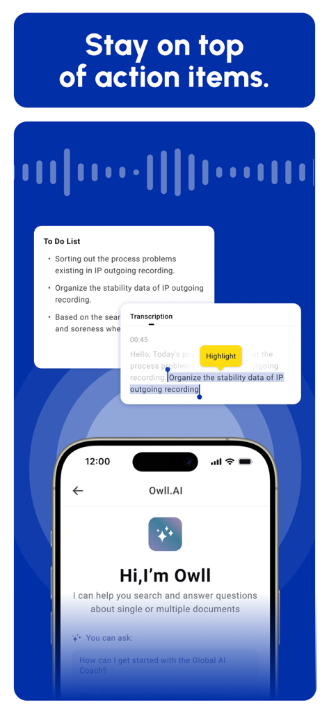 Interface of the Owll AI app showing a to-do list generated from a transcription and an AI chat assistant.