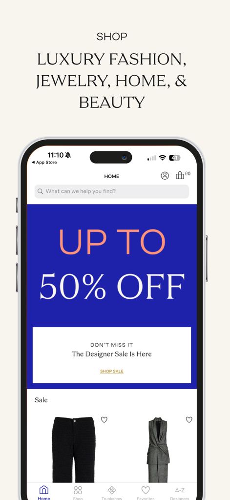 Moda Operandi app home screen featuring a 50 percent off designer luxury sale banner.