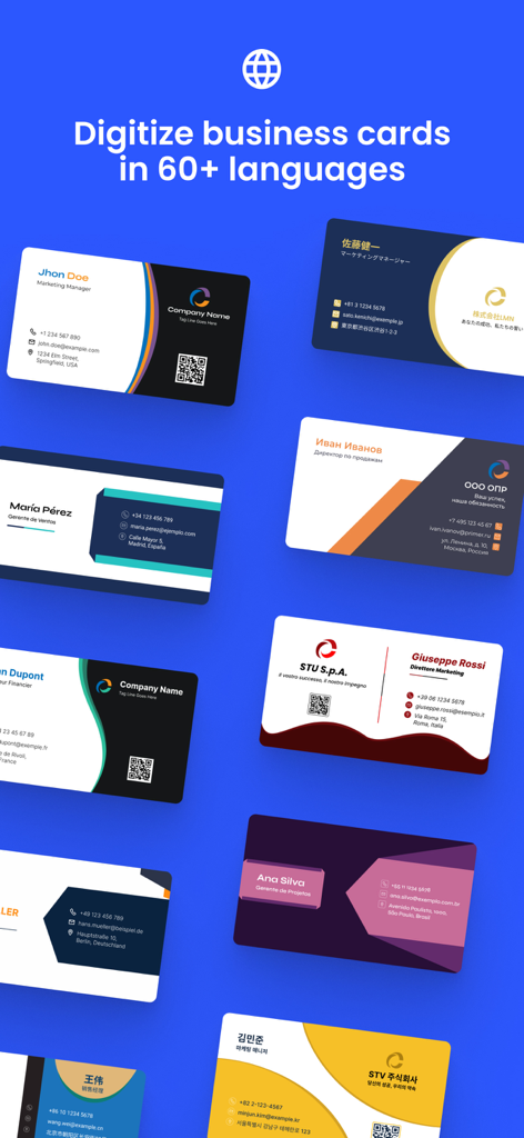 Business cards in multiple languages being digitized with the Covve scanner app
