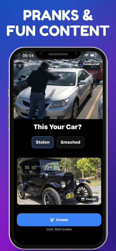 AI video generator app interface showing a car prank template for social media content creation.