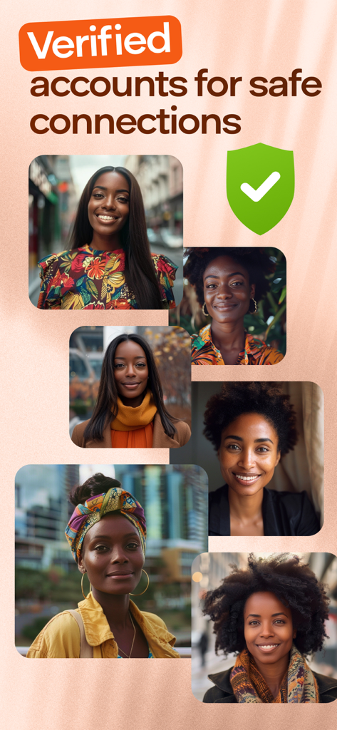 Un collage de photos de profils de femmes africaines diverses mettant en vedette une icône de bouclier vert vérifié et du texte promouvant des connexions sûres.