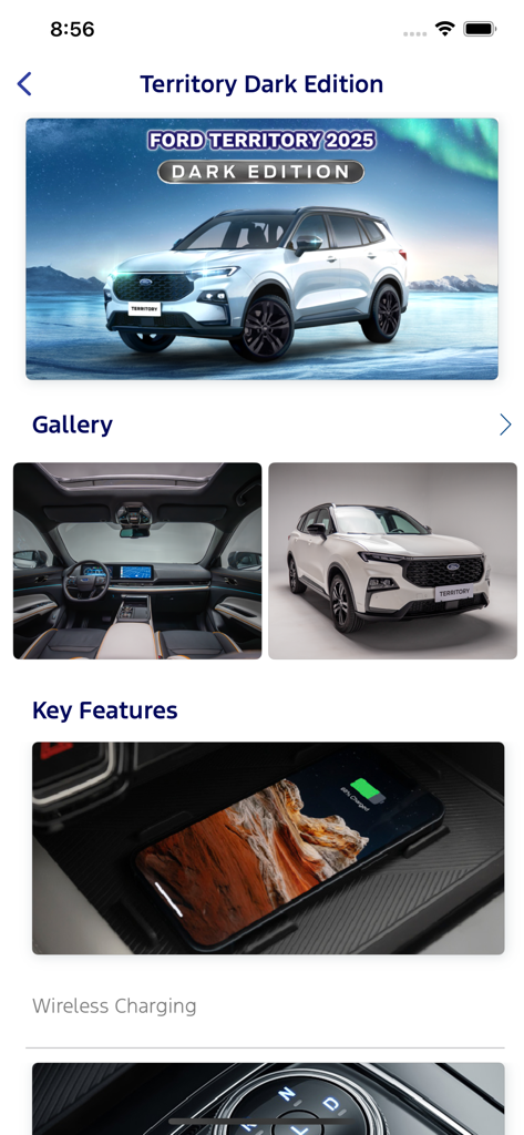 Ford Cambodia - フォード・カンボジアアプリのフォード・テリトリー2025ダークエディション製品ページ。特徴と車両ギャラリーを表示しています。
