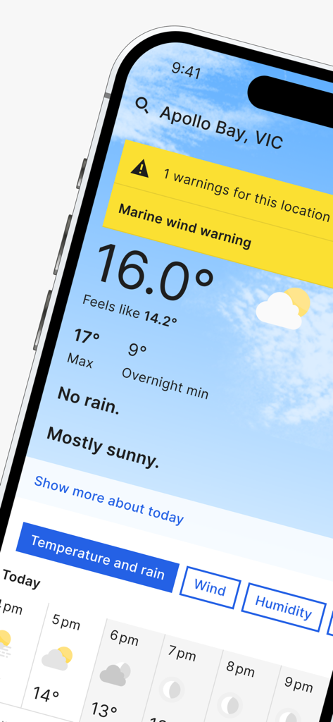 BOM Weather app interface on an iPhone displaying a marine wind warning and current temperature for Apollo Bay Victoria