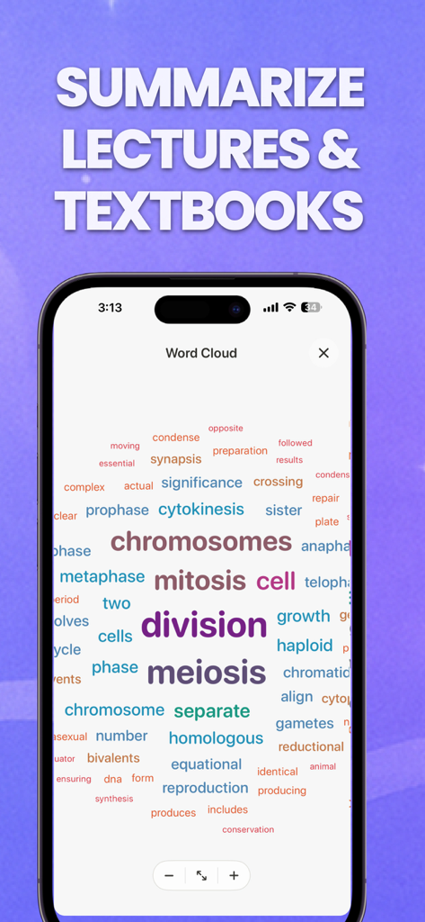 Cram Whiz app showing a word cloud summary of biology concepts like mitosis and meiosis