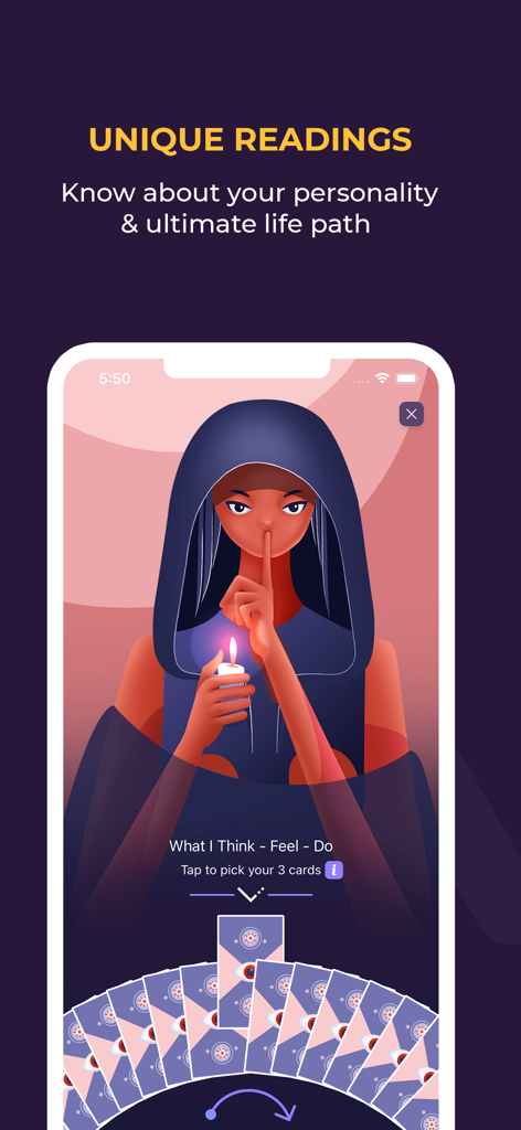Pantalla de la aplicación Lectura de Tarot que muestra lecturas únicas de personalidad y camino de vida.