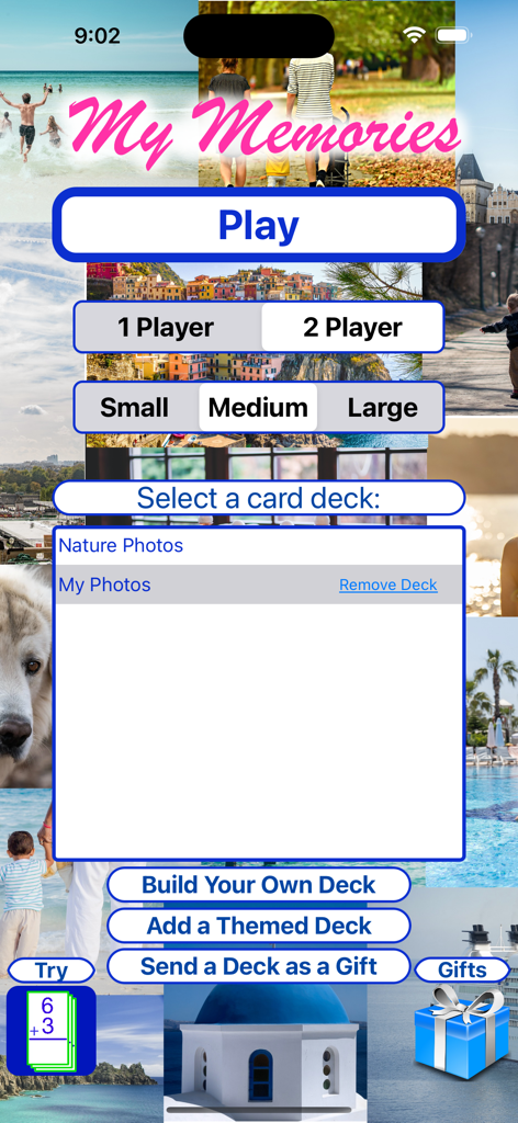 Menu principale dell'app Memory Match My Memories che mostra le impostazioni di gioco per giocatori, dimensioni del tabellone e selezione del mazzo di foto personalizzato