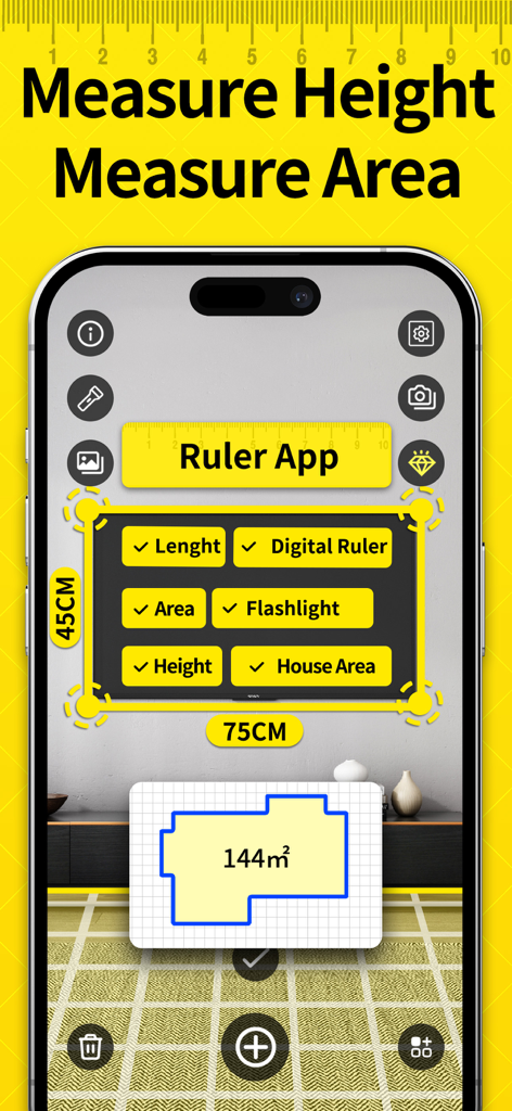 AR measurement app interface showing wall dimensions and house area calculation
