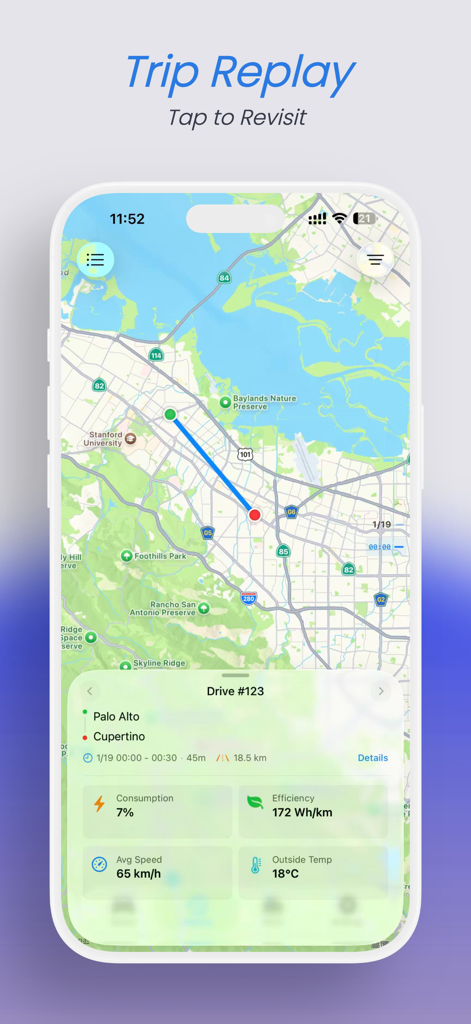 Mytess - Interfaz de la aplicación Mytess que muestra una repetición de viaje en un mapa con estadísticas de conducción como eficiencia y consumo.