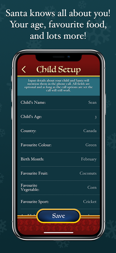Speak to Santa™ Christmas Call - Mobile app screen showing personalization settings for a child including name age and favorite items for a Santa call