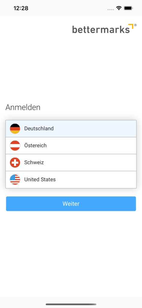 bettermarks - Pantalla de inicio de sesión de la aplicación bettermarks con una lista de países para seleccionar, incluyendo Alemania, Austria, Suiza y Estados Unidos