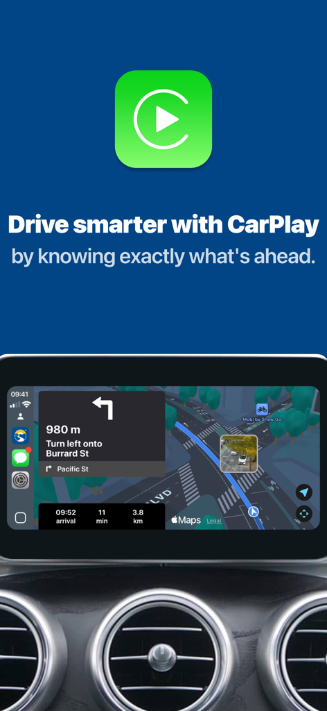 British Columbia Road Cameras app interface showing real-time navigation on a car dashboard with CarPlay