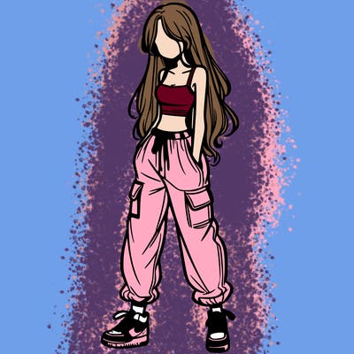 girl in baggy pants crop top and long hair