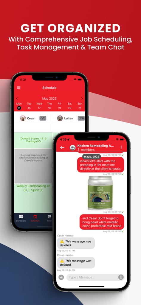 Contractor+ - Contractor plus app interface showing job scheduling and team chat for construction projects