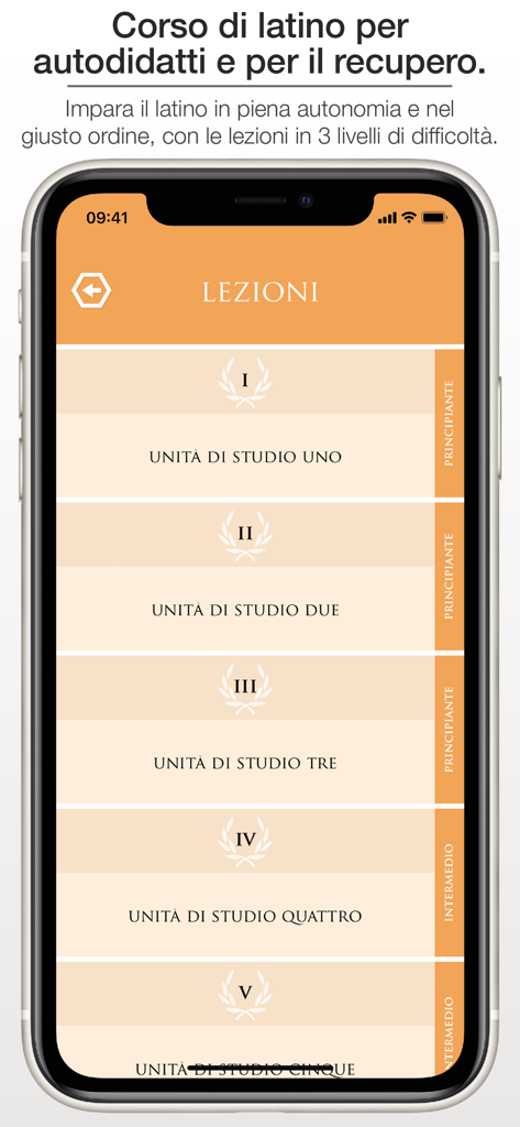 iLatinista (PRO) - Interface of the iLatinista PRO app showing a list of Latin study units categorized by difficulty levels.