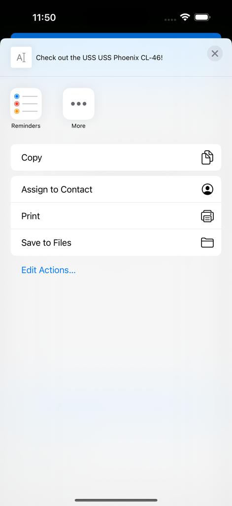 Cruisers of the US Navy - iOS share sheet displaying a message to check out the USS Phoenix CL-46 with options like copy and print