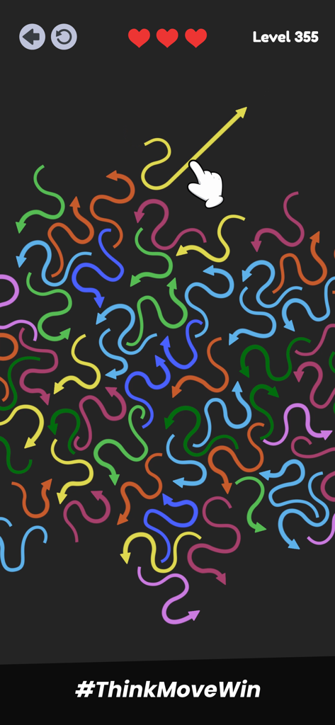 Arrow Flow: Tap Out Puzzle - Captura de pantalla del gameplay de Arrow Flow mostrando un grupo de flechas curvas de colores sobre un fondo oscuro en el nivel 355.