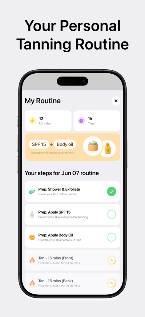Sunglow: Tanning, Rayz Tracker - Sunglow-App-Oberfläche, die eine personalisierte Bräunungsroutine mit UV-Index und Sitzungs-Timern zeigt.