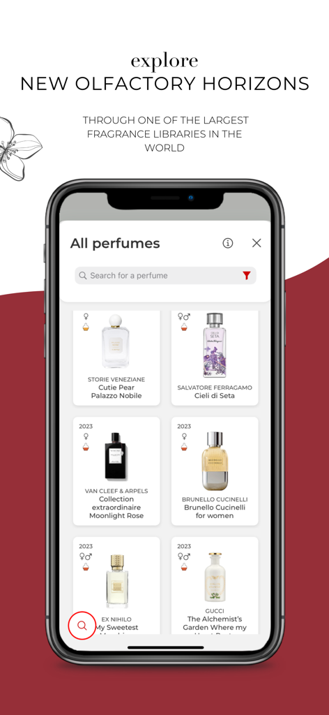 Ecrã de aplicação móvel mostrando uma coleção diversificada de marcas de perfumes de luxo numa base de dados de fragrâncias pesquisável