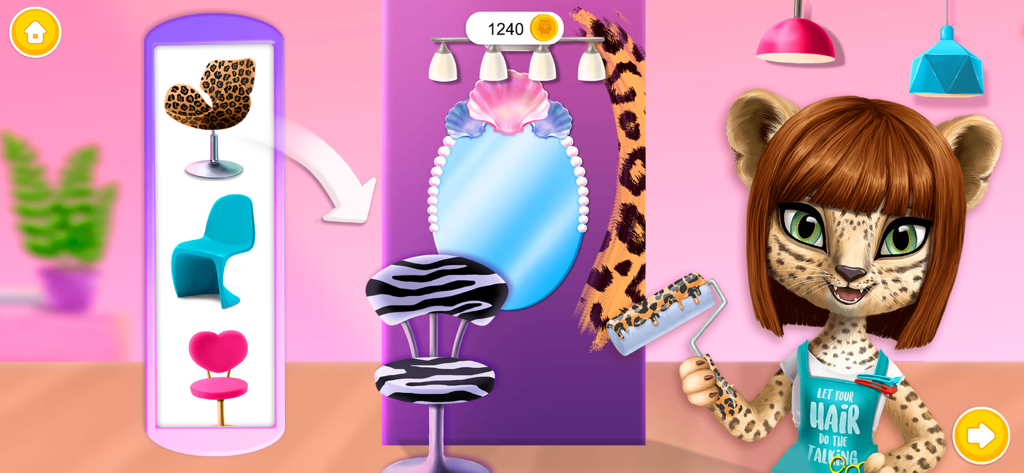 Amy's Animal Hair Salon - Amy la leopardo pintando las paredes de su salón de peluquería animal con un rodillo de estampado de leopardo