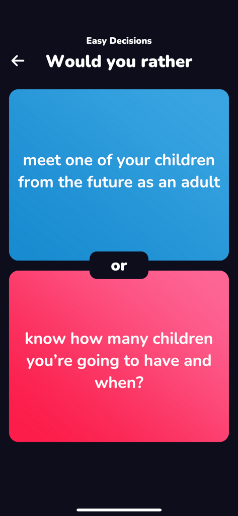 Red Pill or Blue Pill - Interfaz de la aplicación Red Pill or Blue Pill presentando un dilema de "¿preferirías?" sobre futuros hijos.