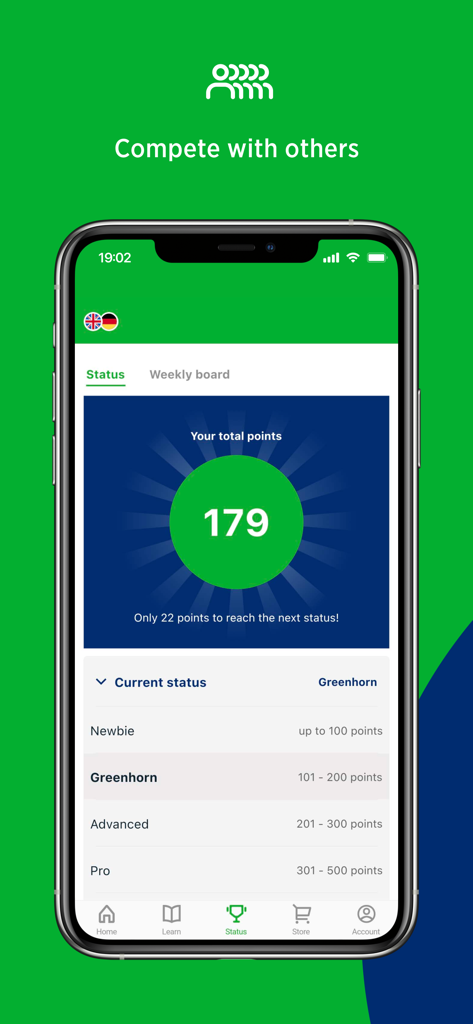 PONS Vokabeltrainer-App-Bildschirm mit Benutzerpunkten und Ranglisten für den Wettbewerb.