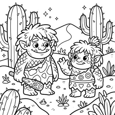 Introduce your toddler to the whimsical world of desert trolls with this delightful coloring page. Featuring simple, bold lines and friendly characters, it's perfect for early creative exploration and developing fine motor skills.