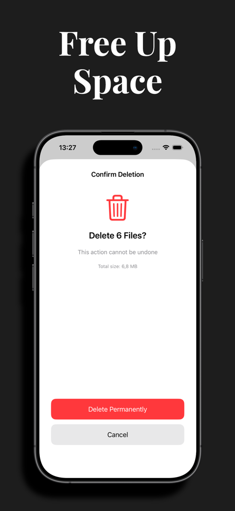 Zero Duplicates Mobile - Screenshot of Zero Duplicates Mobile showing the confirm deletion screen to free up storage space.