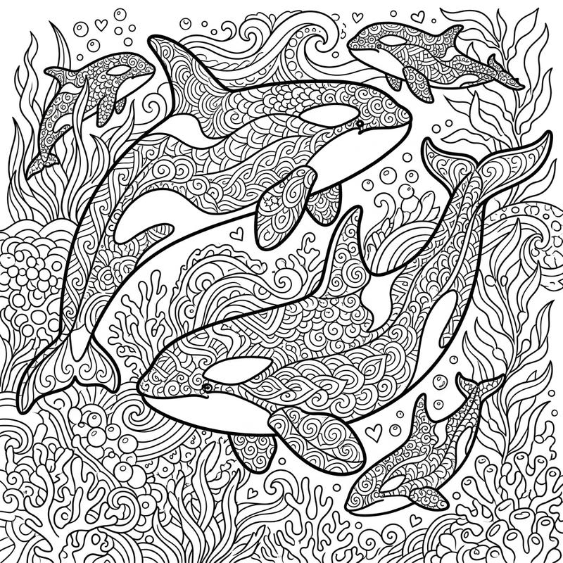Immerse yourself in the captivating world of Zentangle Orcas with this beautifully intricate coloring page. Discover majestic killer whales adorned with mesmerizing patterns, swimming through a detailed underwater scene, perfect for a relaxing and creative escape.