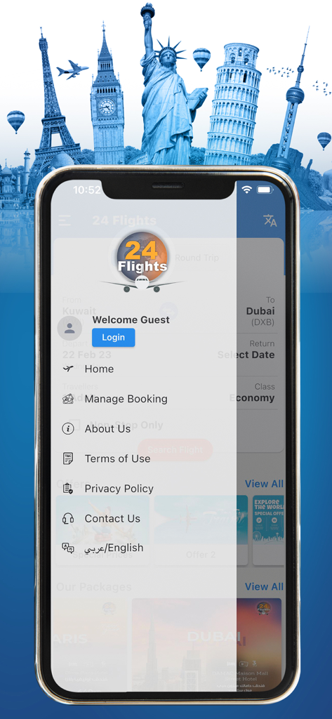 Side menu of the 24 Flights app on a mobile device showing travel management options