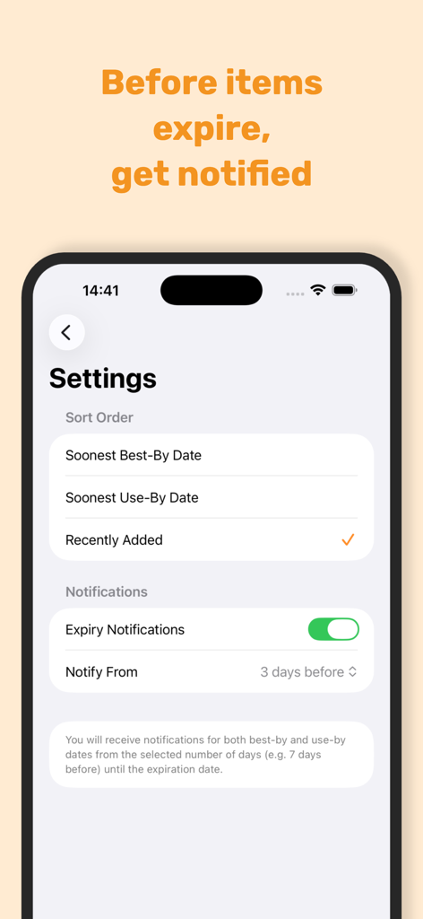 FreshExpire - Settings screen of FreshExpire app showing food expiry notification options and list sort order