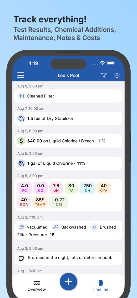 Pool Math by TroubleFreePool - Pool Math app timeline screen showing chemical additions maintenance tasks and water test results for home pool care