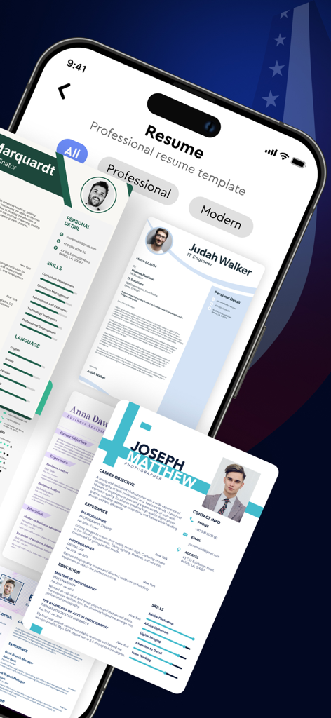 Resume Builder:AI CV Maker App - Plantillas de currículum profesionales mostradas en la app creadora de CV con IA en un iPhone