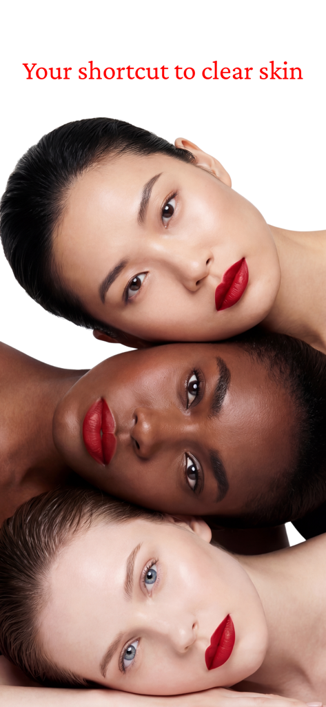 Three women with different skin tones showing clear skin and red lipstick under the text Your shortcut to clear skin