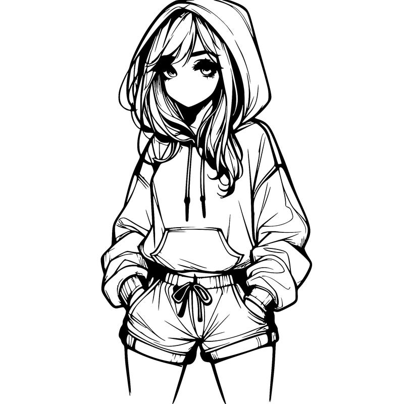 realistic girl in shorts and hoodie