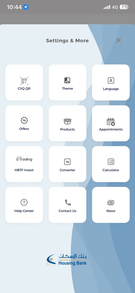 Tela do menu Configurações e Mais do aplicativo Iskan Mobile, apresentando ícones para pagamentos QR, configurações de idioma e conversor de moeda